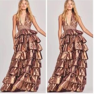 LoveShackFancy BEXLIE Tiered Halter Maxi Dress Pink Orchid Gold Ruffle - MEDIUM